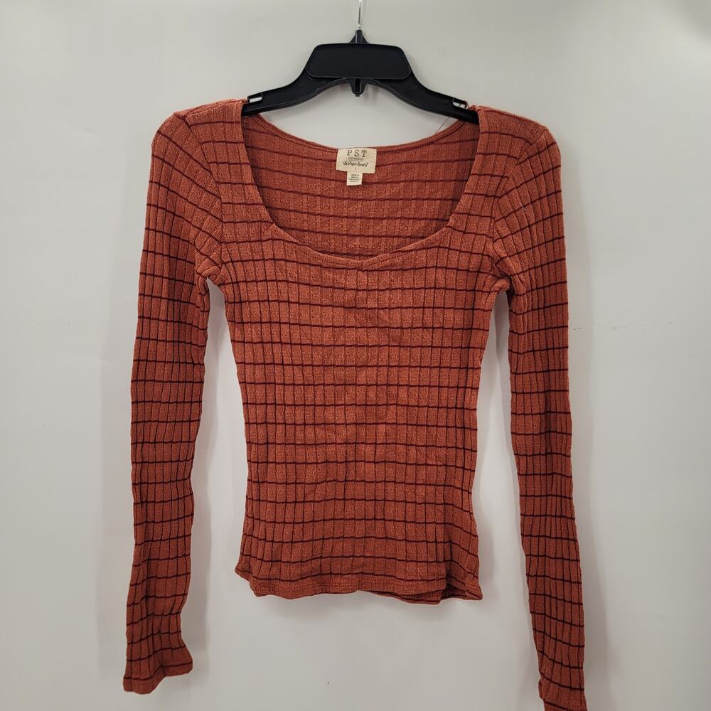 PST Woman's LARGE Long Sleeve Waffle Knit Striped Top Shirt NEW Casual Teen
